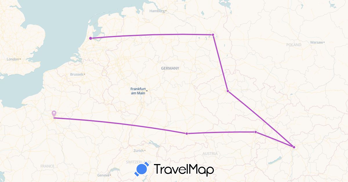 TravelMap itinerary: driving, train in Austria, Czech Republic, Germany, France, Hungary, Netherlands (Europe)